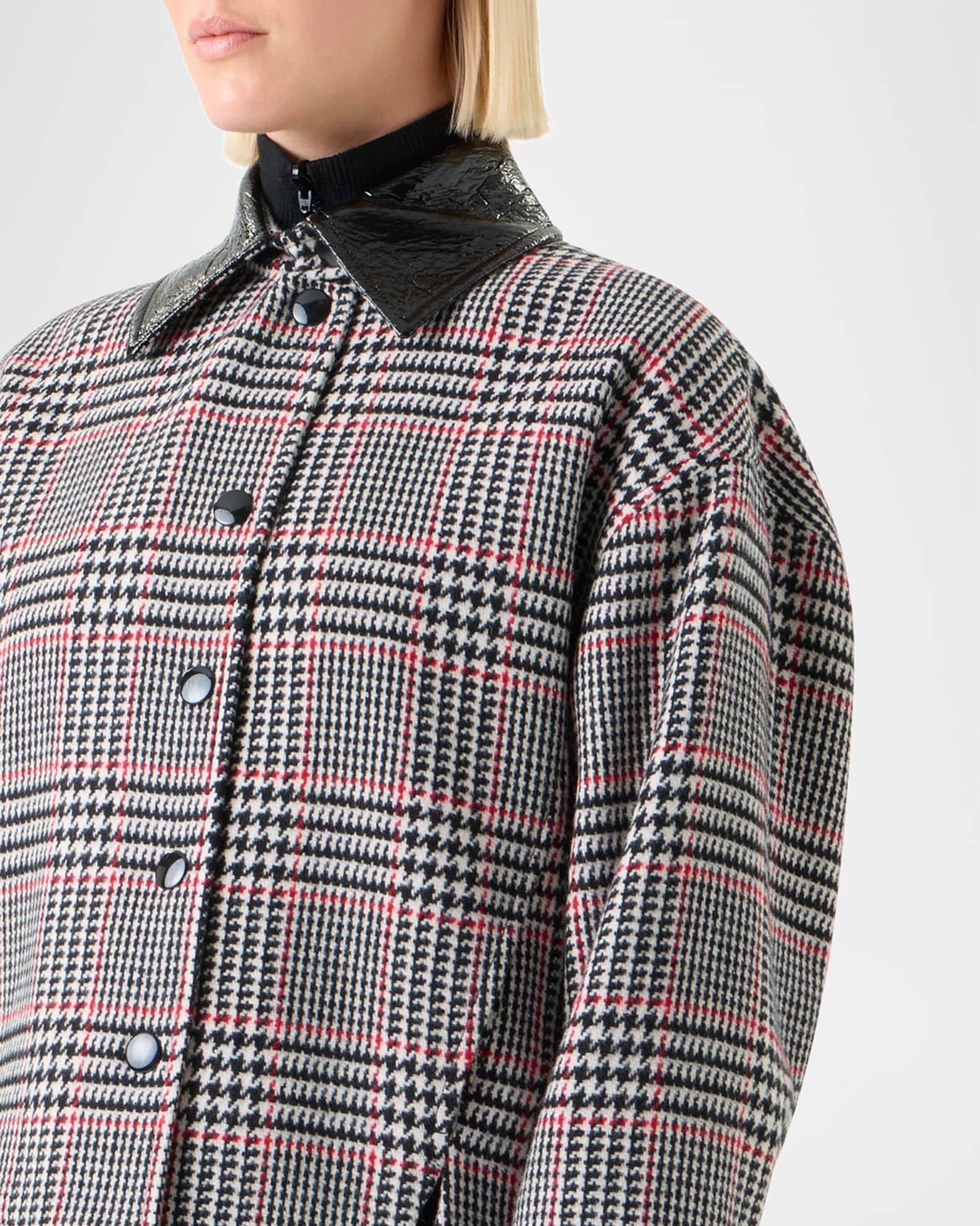 Faux Leather-Collar Glen Check Tweed Jacket Product Image
