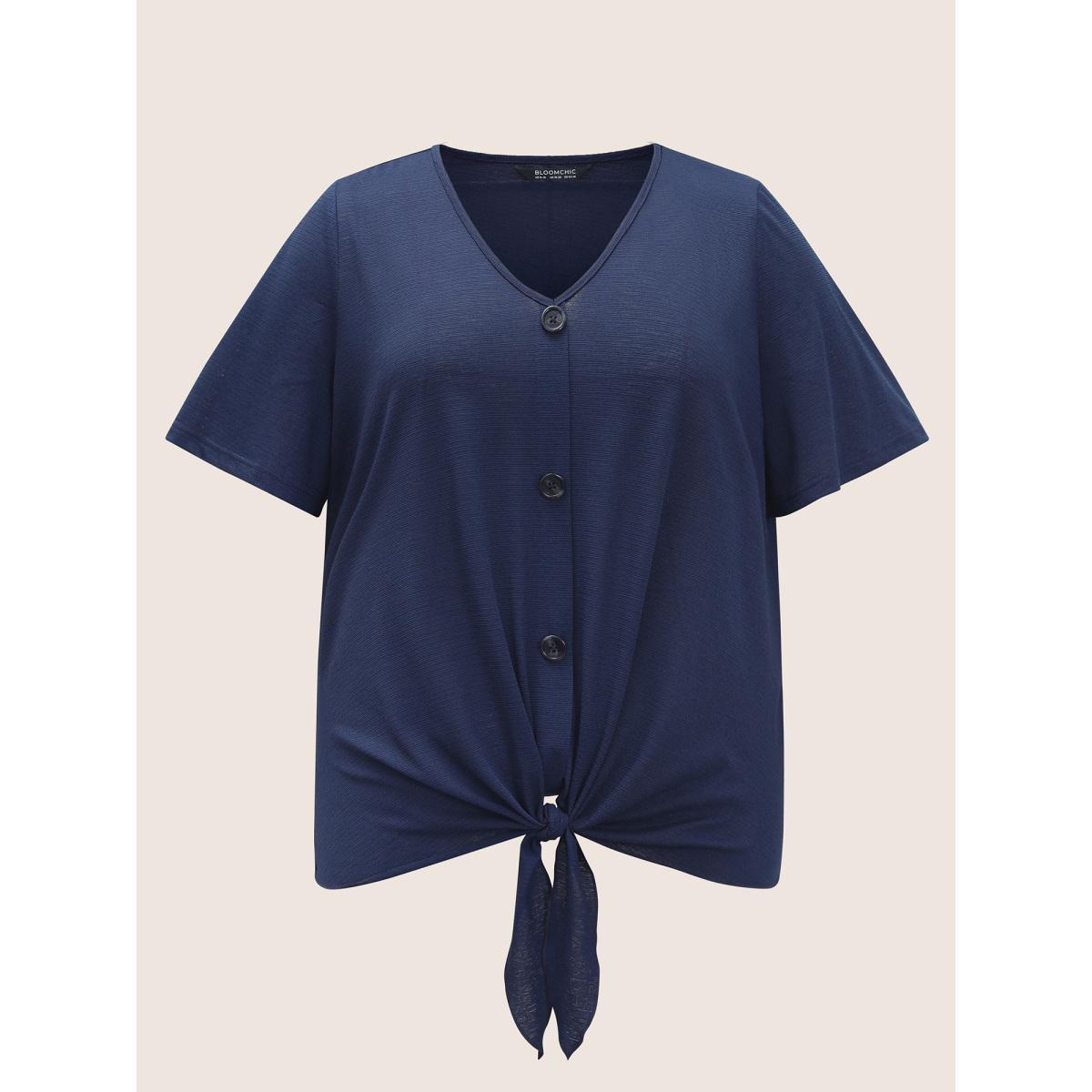 Plus Size Plain Twist Front Button Detail T-shirt Midnight Women Casual Tie knot Plain V-neck Everyday T-shirts BloomChic 30/6X Product Image