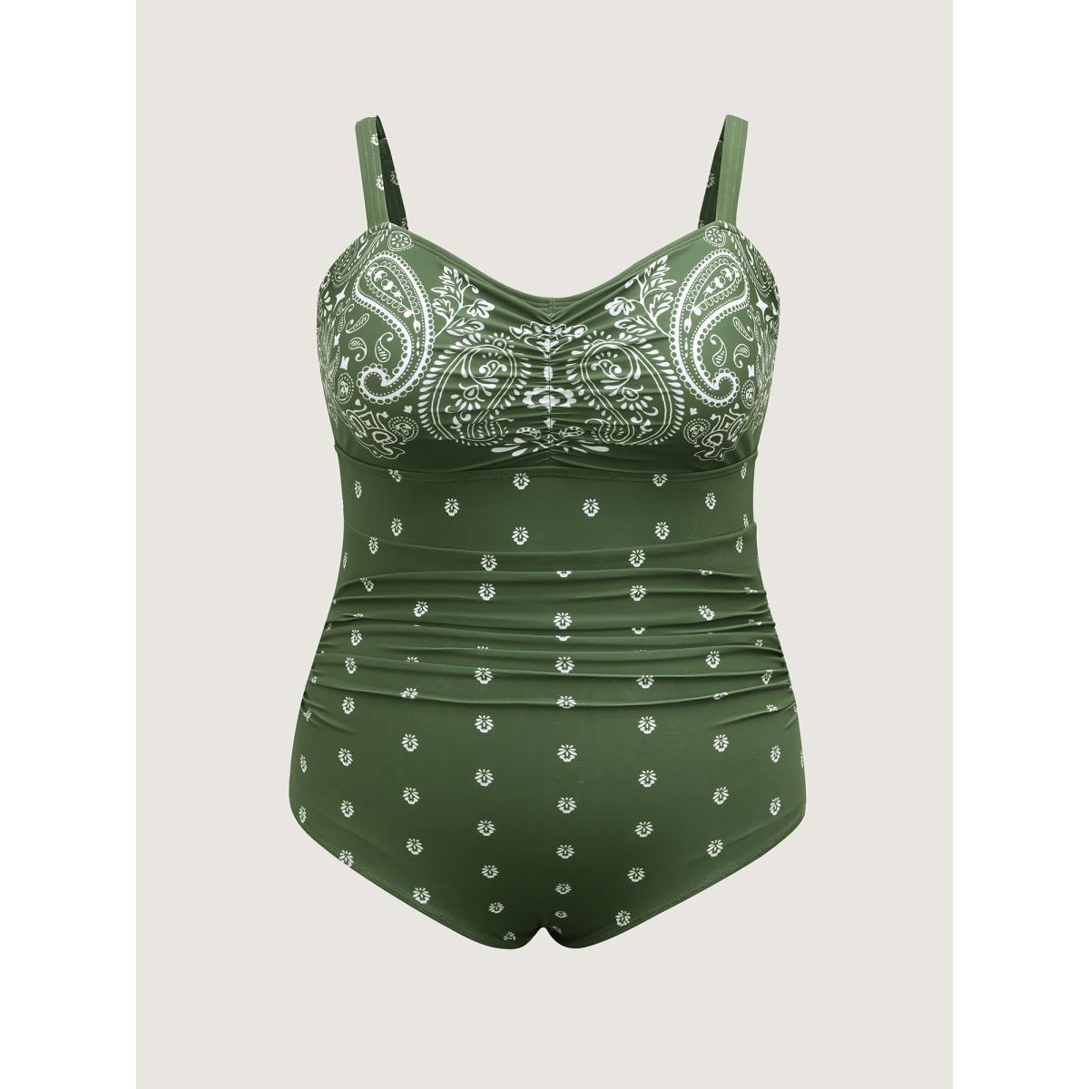 Plus Size Paisley Print Ruched One-Piece Swimsuit Women's Swimwear ArmyGreen Beach Gathered Curve Bathing Suits High stretch One Pieces BloomChic 14-16/1X Product Image