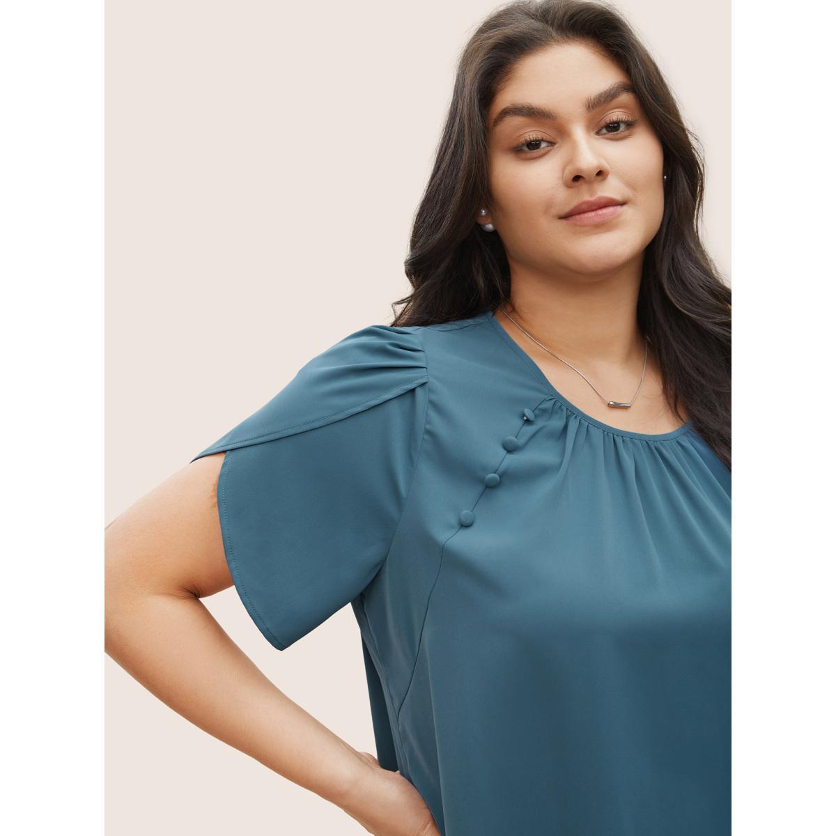 Plus Size Stone Solid Petal Sleeve Gathered Button Detail Blouse Women At the Office Short sleeve Round Neck Work Blouses BloomChic 30/6X Product Image