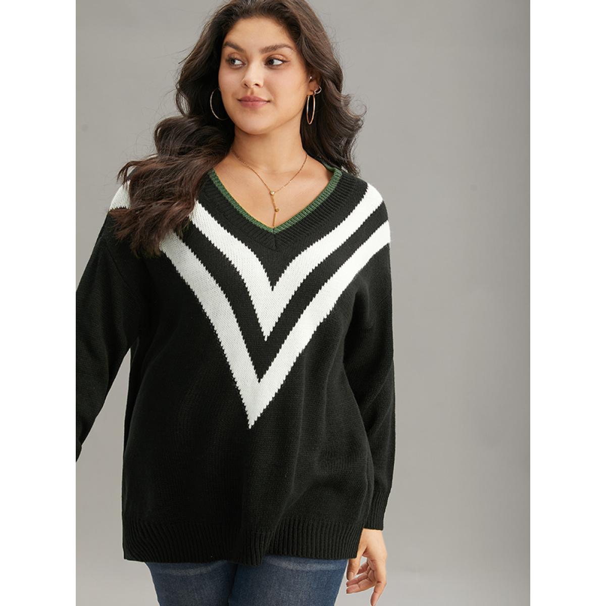 Plus Size Striped Contrast Trim Long Sleeve Pullover Black Women Casual Loose Long Sleeve V-neck Everyday Pullovers BloomChic 26/4X Product Image