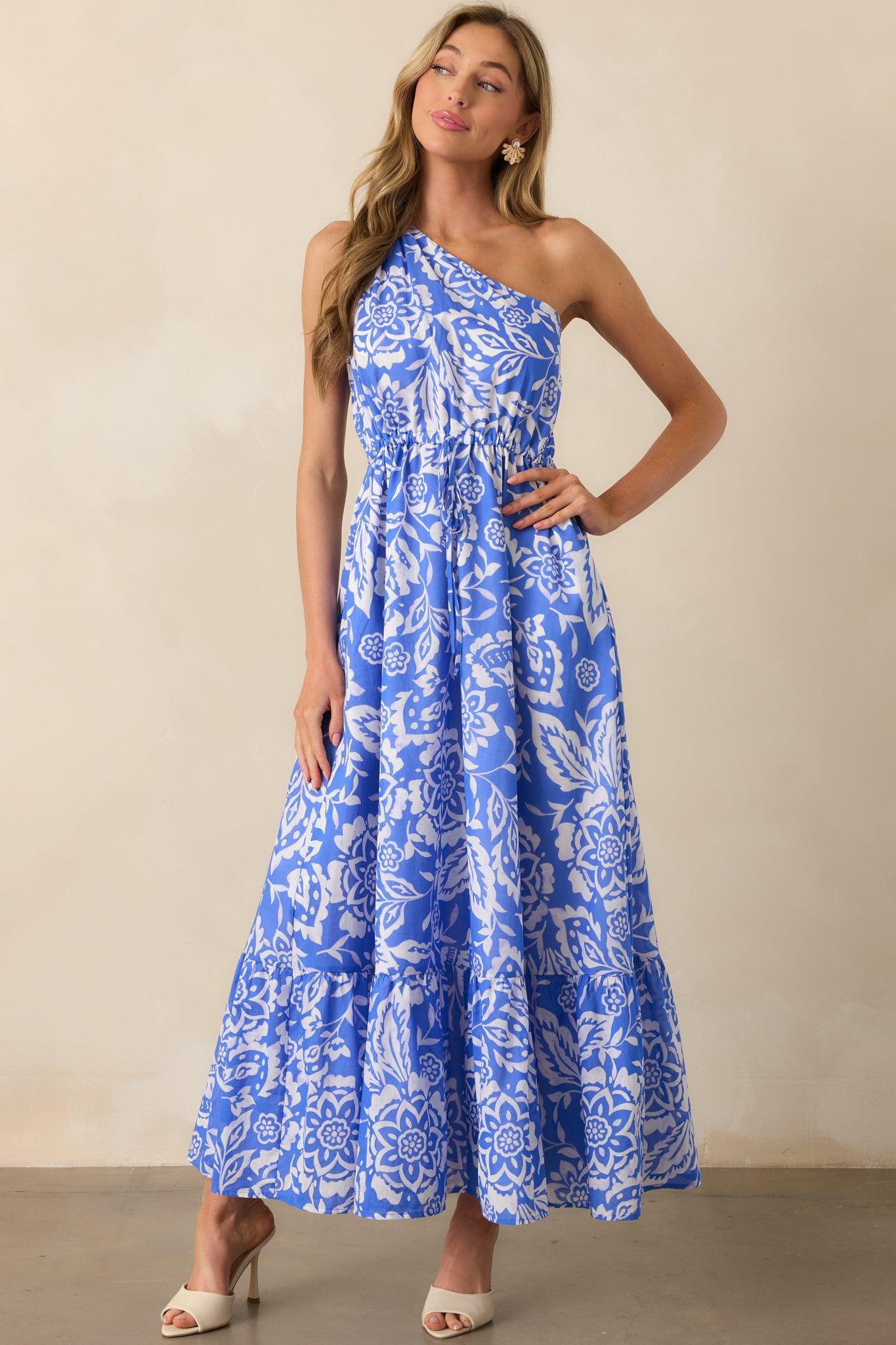 To Brighter Days Violet Blue Floral Cotton One Shoulder Maxi Dress Product Image