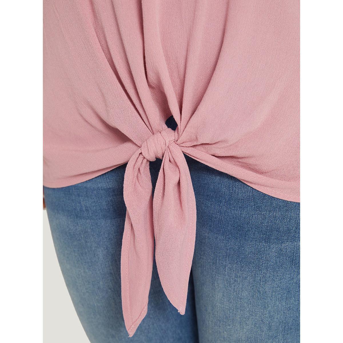 Plus Size DustyPink Bandana Patchwork Knotted Bell Sleeve Blouse Women Elegant Elbow-length sleeve Round Neck Dailywear Blouses BloomChic 30/6X Product Image