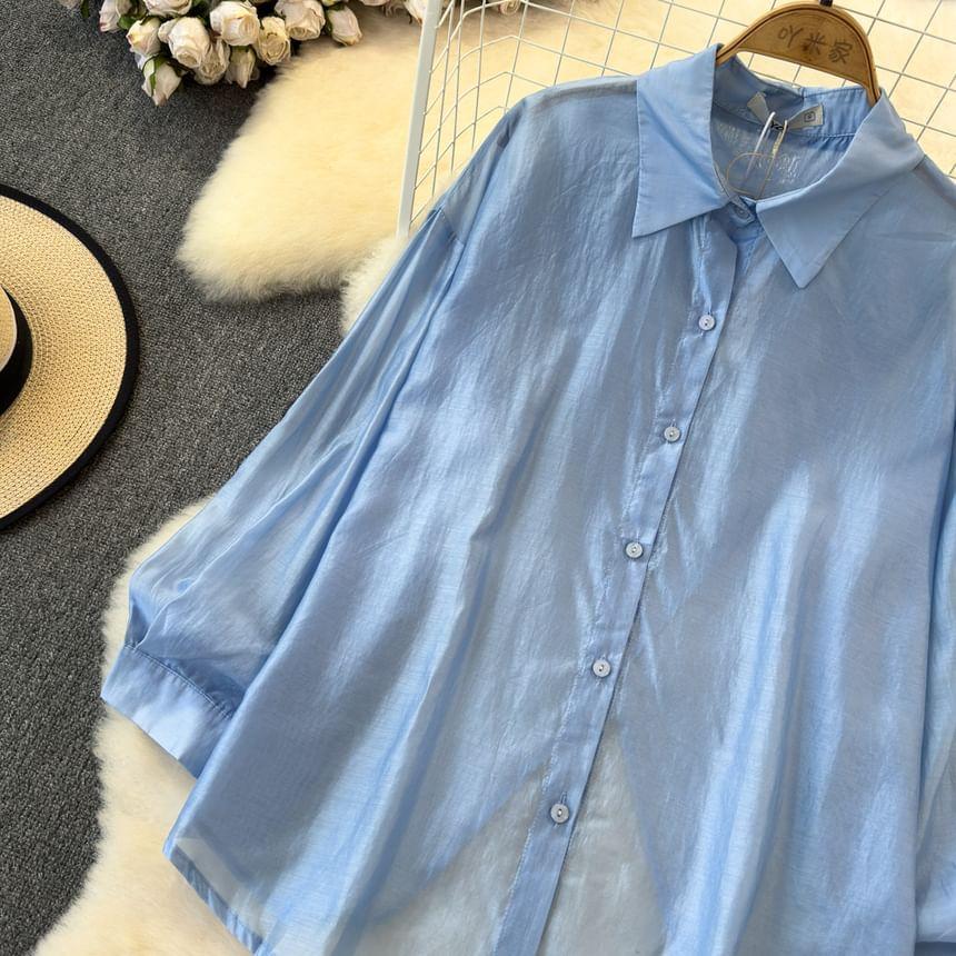 Long-Sleeve Plain Slit Back Button-Up Sheer Shirt Product Image