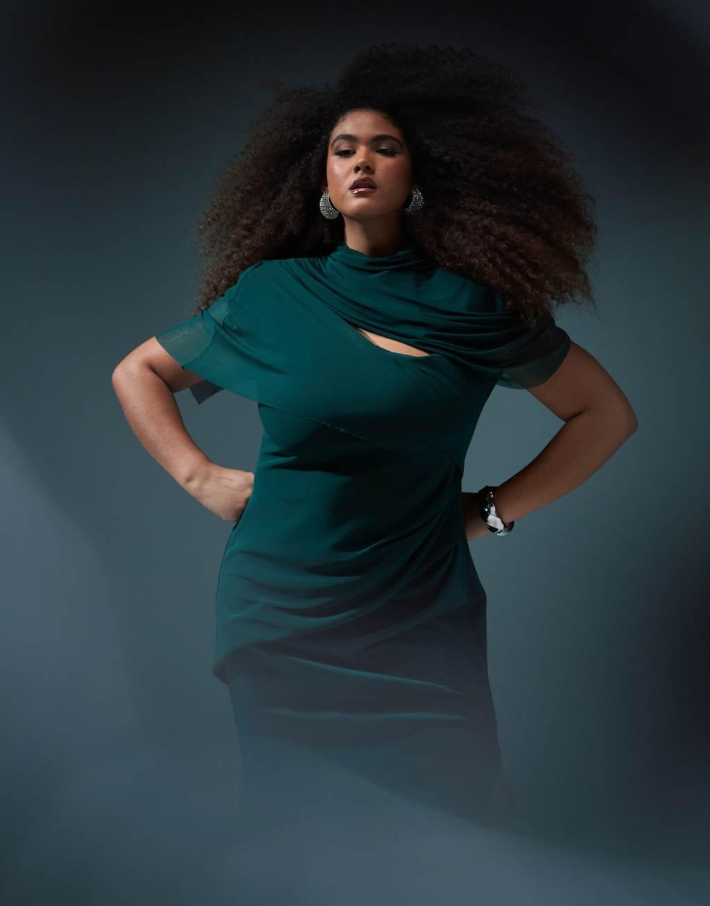 ASOS DESIGN Curve draped mesh shoulder pad premium maxi dress in forest green Product Image