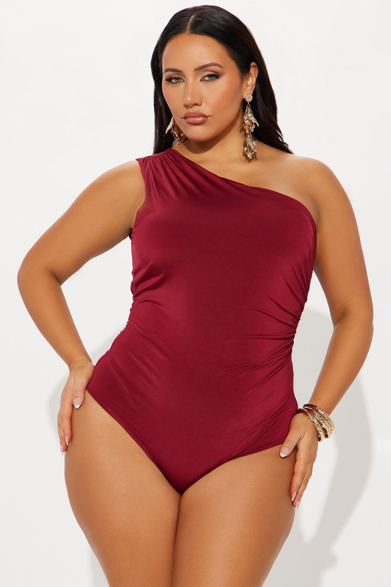 Living Proof One Shoulder Ruched Bodysuit - Burgundy Product Image