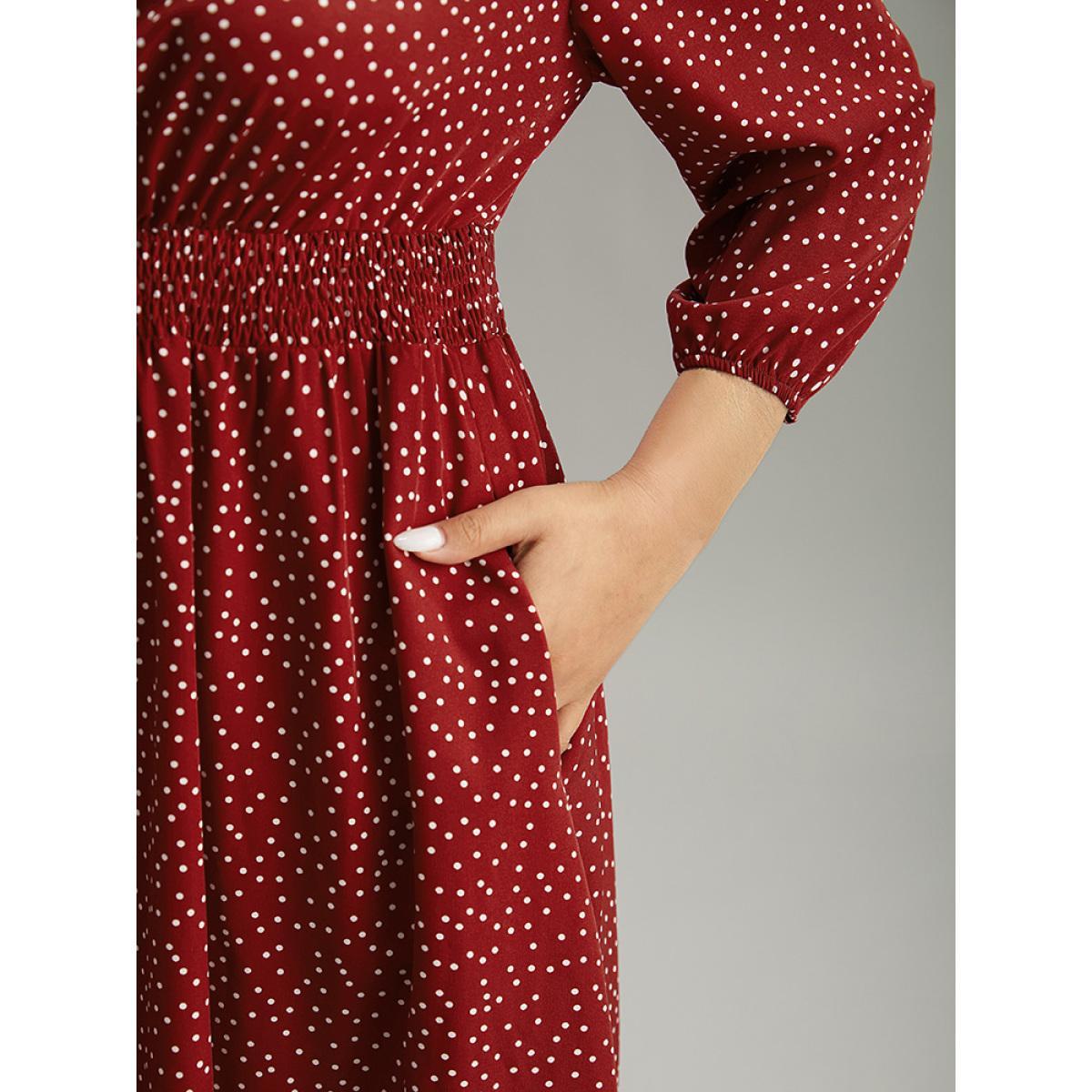 Plus Size Polka Dot Keyhole Pocket Mock Neck Dress Scarlet Women Elegant Elastic cuffs Mock Neck Elbow-length sleeve Curvy Midi Dress BloomChic 14-16/1X Product Image