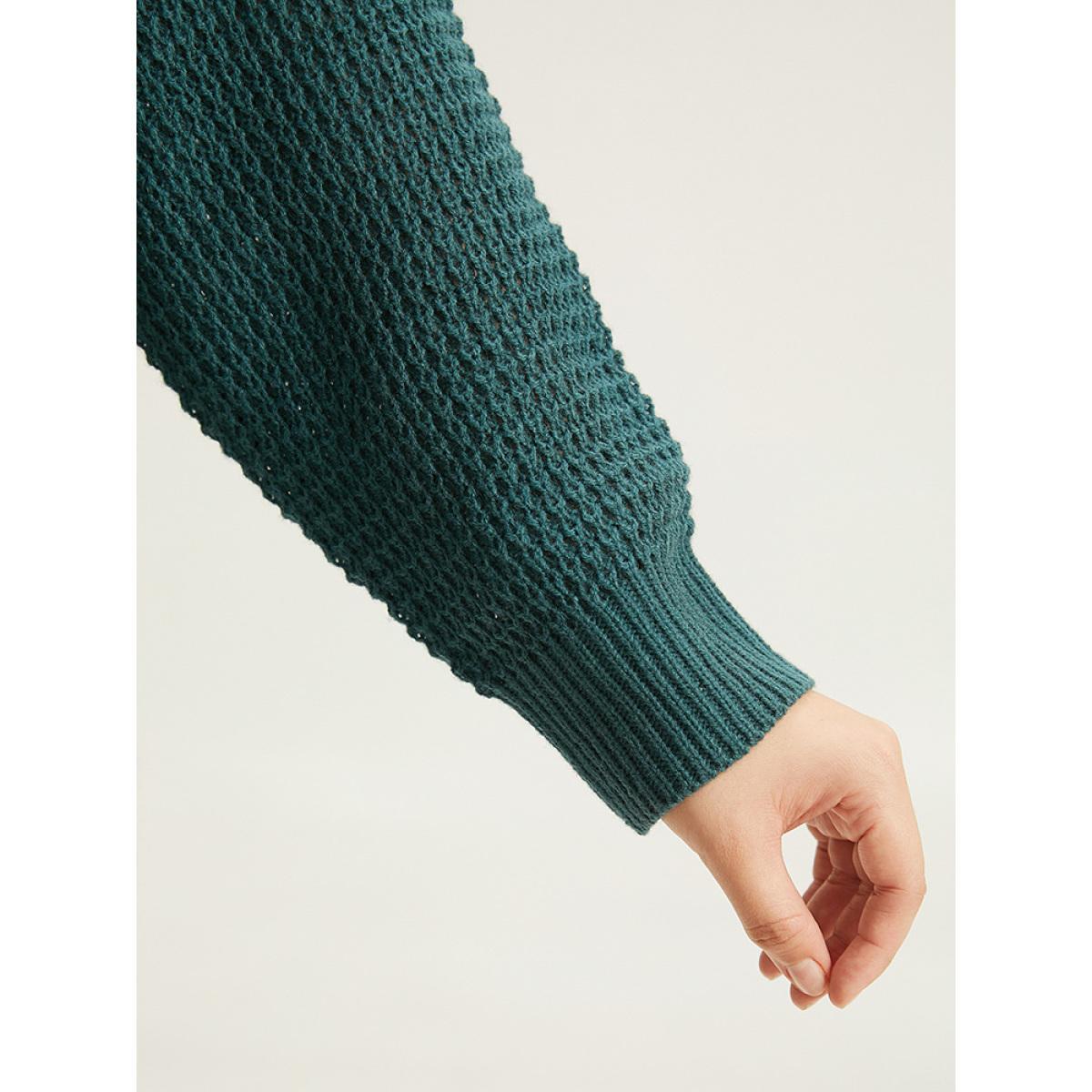 Plus Size Cable Knit Plain Elastic Cuffs Pullover Cyan Women Casual Loose Long Sleeve V-neck Dailywear Pullovers BloomChic 10/M Product Image