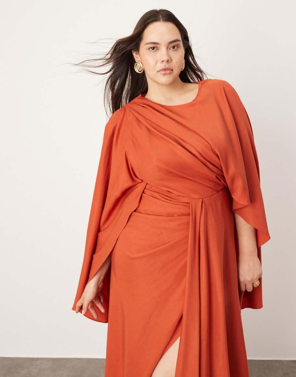 ASOS EDITION Curve volume flare sleeve grecian cut out maxi dress in rust Product Image