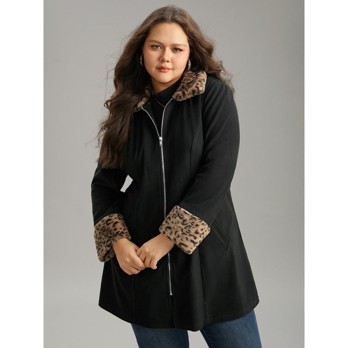 Plus Size Leopard Patchwork Fuzzy Trim Zipper Coat Women Black Casual Contrast Ladies Dailywear Winter Coats BloomChic 10/M Product Image