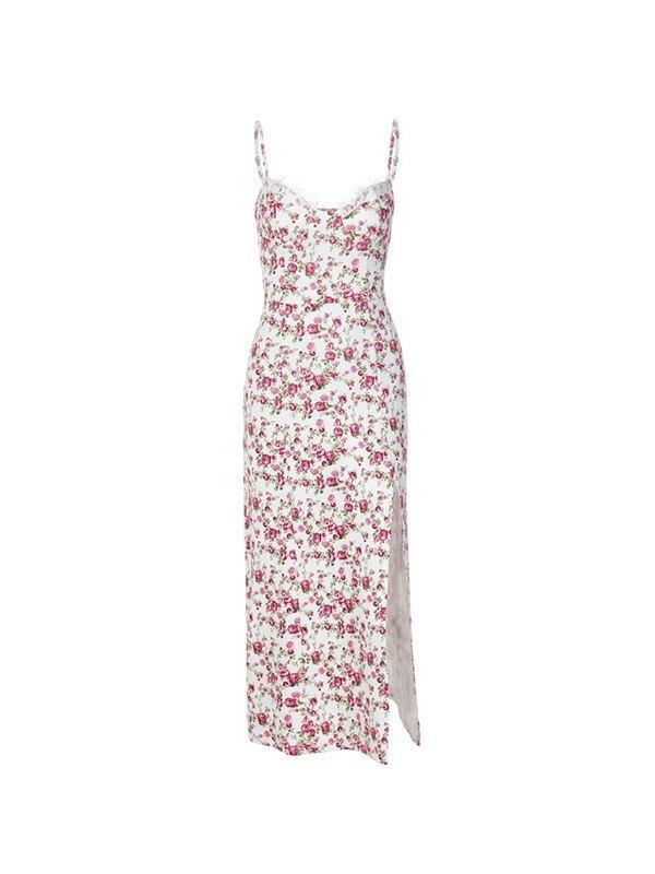 Lace Trim Slit Floral Maxi Dress Product Image