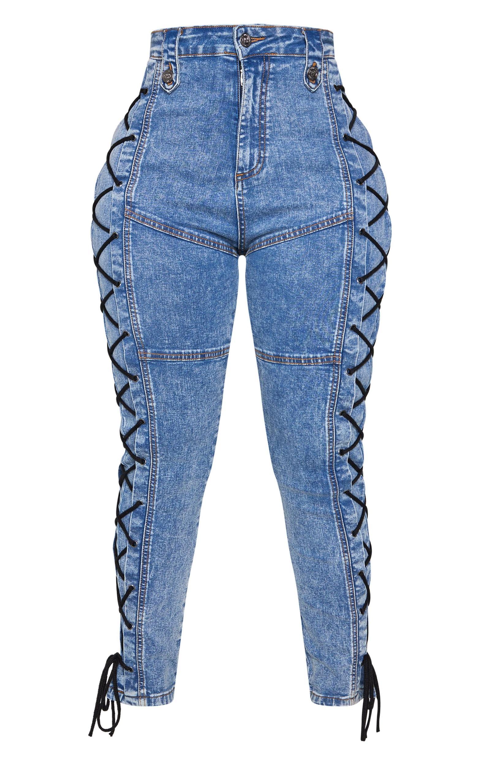 Shape Light Blue Washed Denim Lace Up Skinny Jeans Product Image