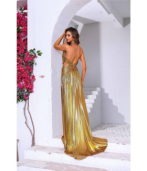 Terani Couture Halter Deep V-Neck Side Cut Out Foiled Chiffon A-Line Gown Product Image