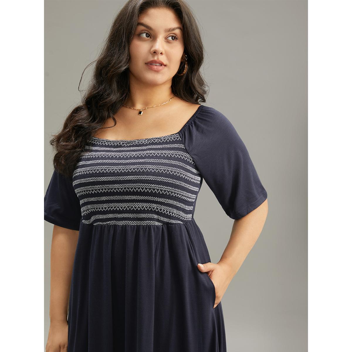 Plus Size Supersoft Essentials Striped Patchwork Pocket Gathered Square Neck Dress Indigo Women Casual Gathered Square Neck Short sleeve Curvy Midi Dress BloomChic 12/L Product Image