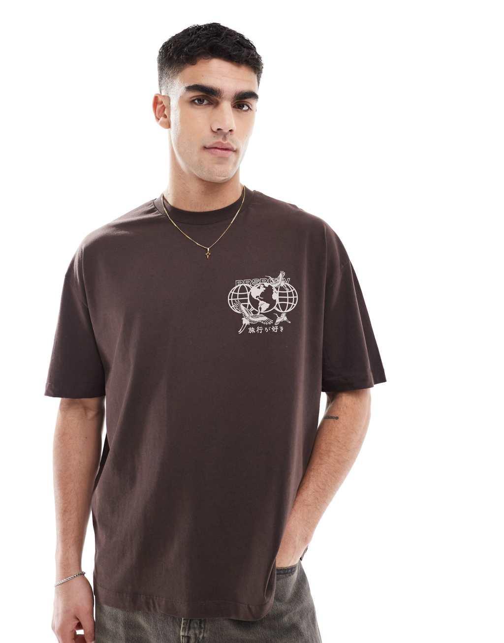 ASOS DESIGN oversized T-shirt with back print in brown Product Image