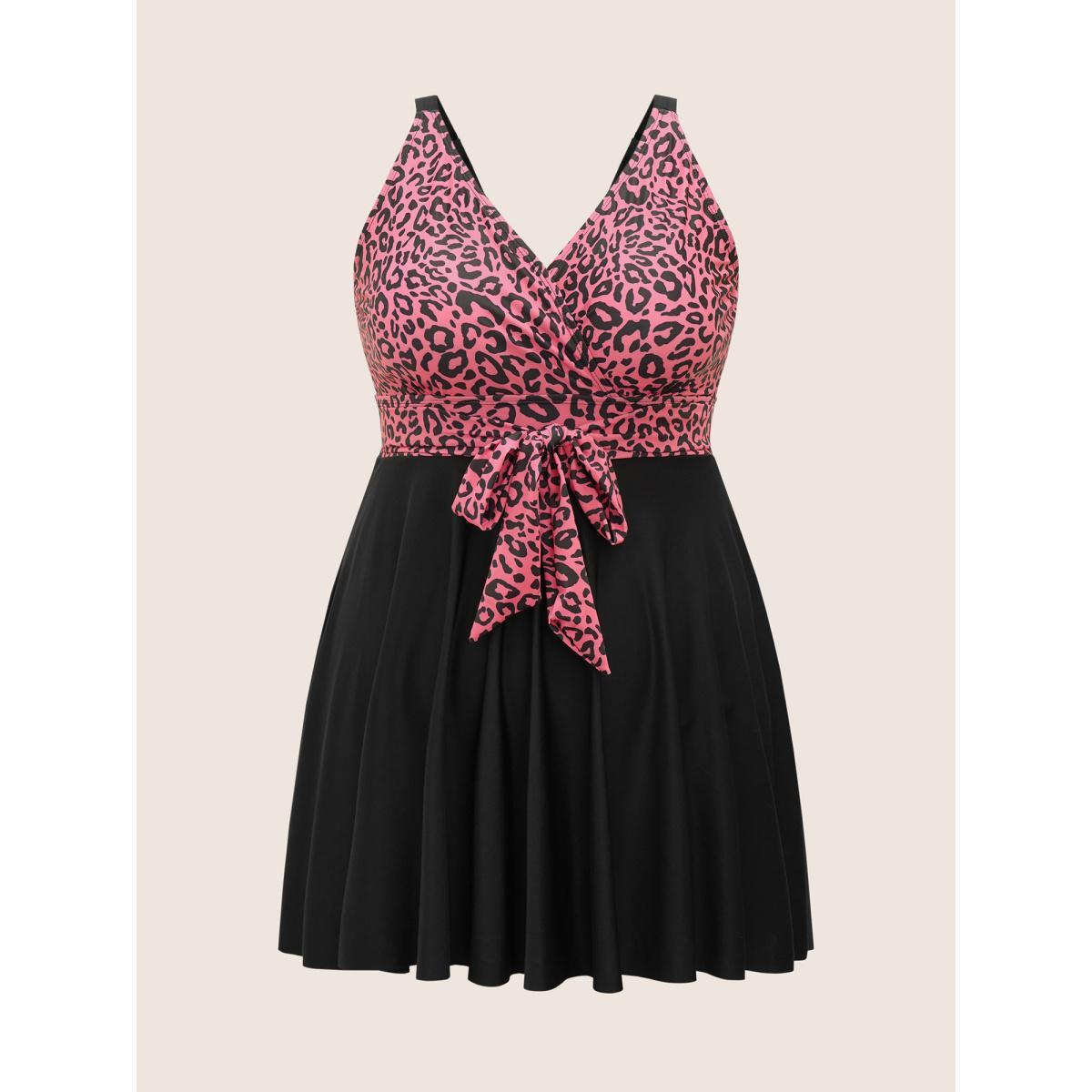 Plus Size Leopard Print Patchwork Tie Knot Swim Dress Women's Swimwear Leopard Beach Bodycon Overlap Collar High stretch Curve Swim Dresses BloomChic 28/5X Product Image
