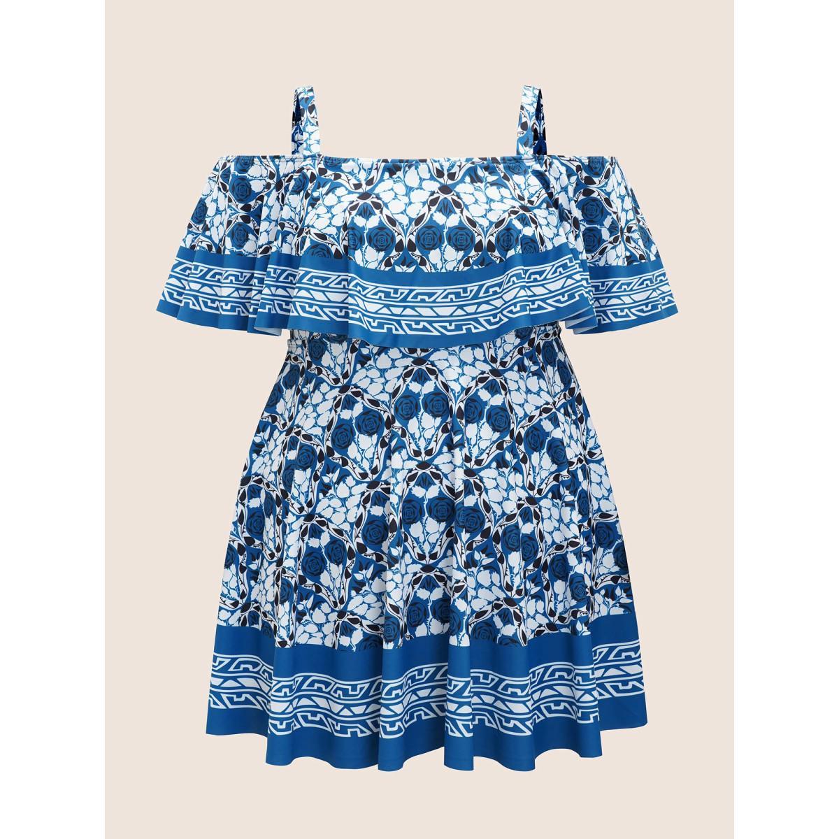 Plus Size Off Shoulder Boho Print Ruffle Trim Swim Dress Women's Swimwear Indigo Beach Bodycon One-shoulder neck High stretch Curve Swim Dresses BloomChic 14-16/1X Product Image