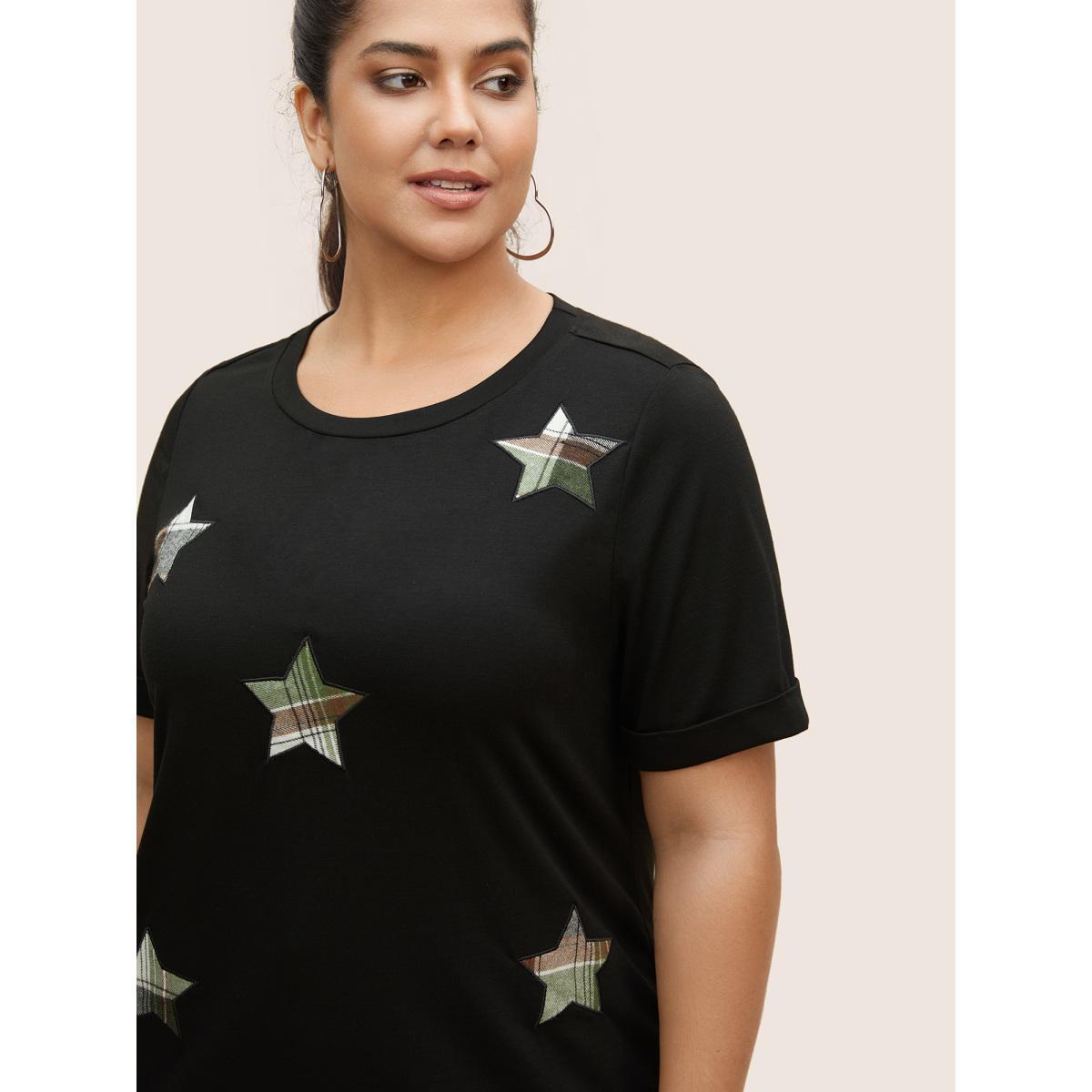 Plus Size Star Embroidered Patch Round Neck T-shirt Black Women Casual Contrast Star and moon Round Neck Everyday T-shirts BloomChic 30/6X Product Image