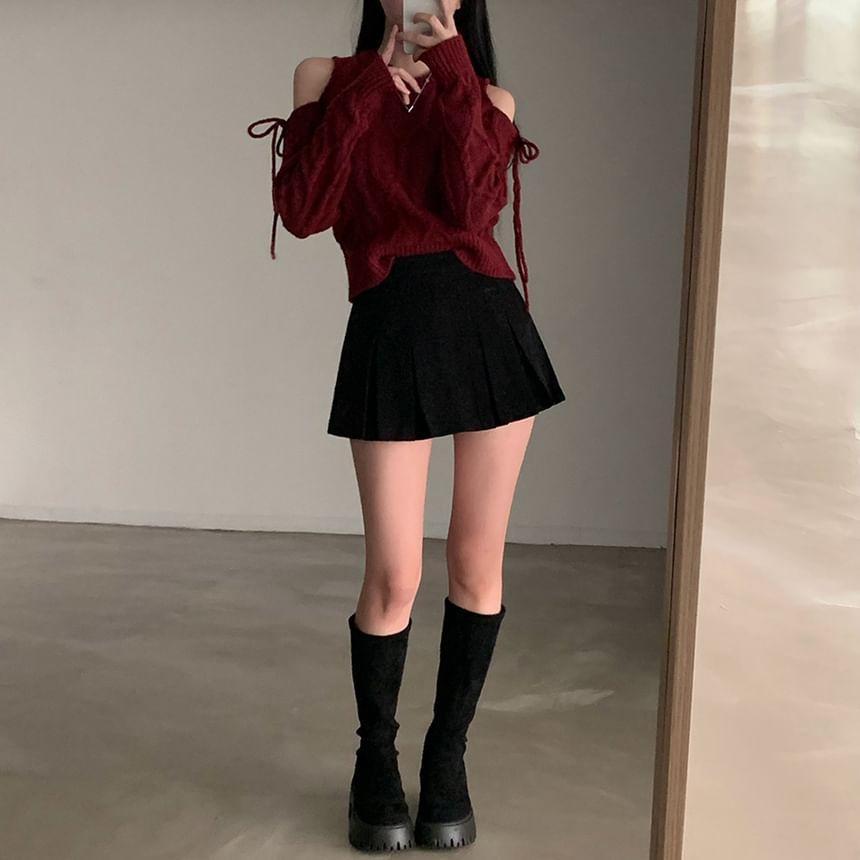 Cold-Shoulder Long-Sleeve Plain Bow Sweater Product Image