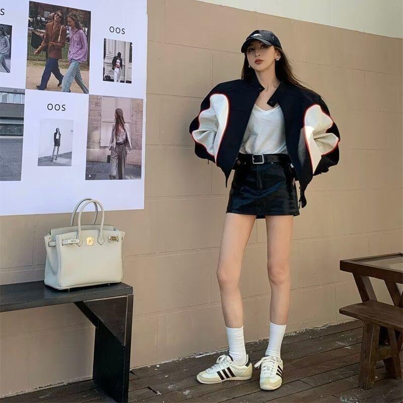 Stand Collar Two Tone Zip Bomber Jacket Product Image