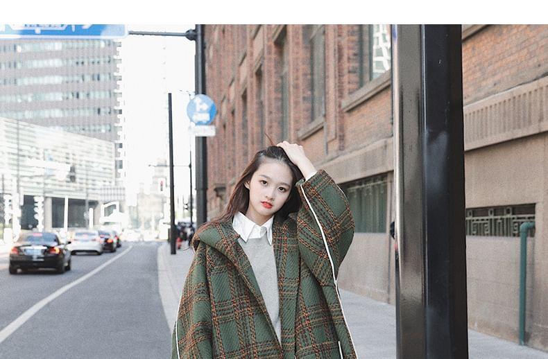 Plaid Contrast Trim Hooded Long Coat Product Image