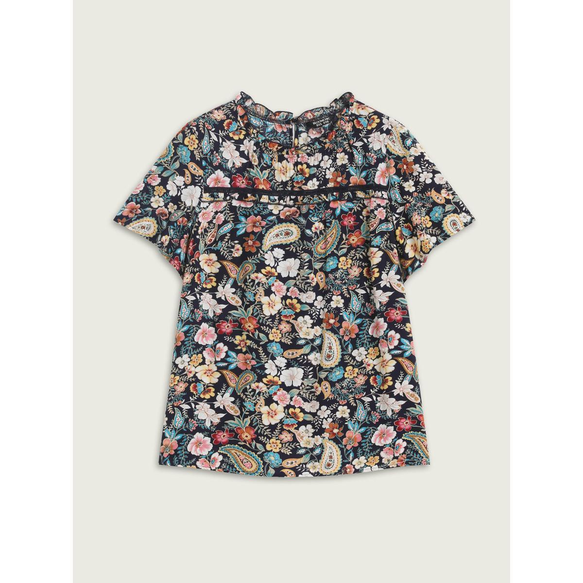 Plus Size Indigo Paisley Print Lace Ruffled Blouse Women Short sleeve Mock Neck Vacation Blouses BloomChic 12/L Product Image