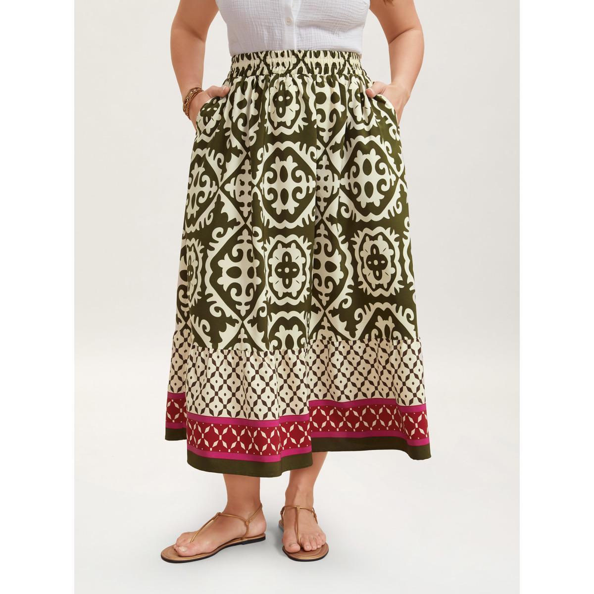 Plus Size Mixed Ornate Print Contrast Maxi Skirt Women Moss Resort Contrast Loose No stretch Slanted pocket Vacation Skirts BloomChic 26/4X Product Image