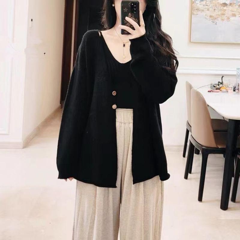Set: V-Neck Ribbed Knit Cami Top + Cardigan Product Image