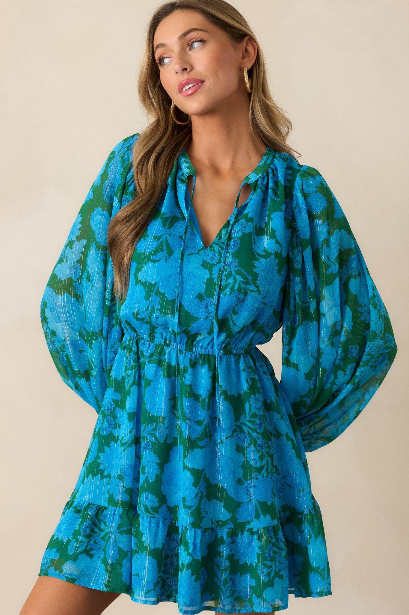 Soul On Fire Blue Floral Long Sleeve Mini Dress Product Image
