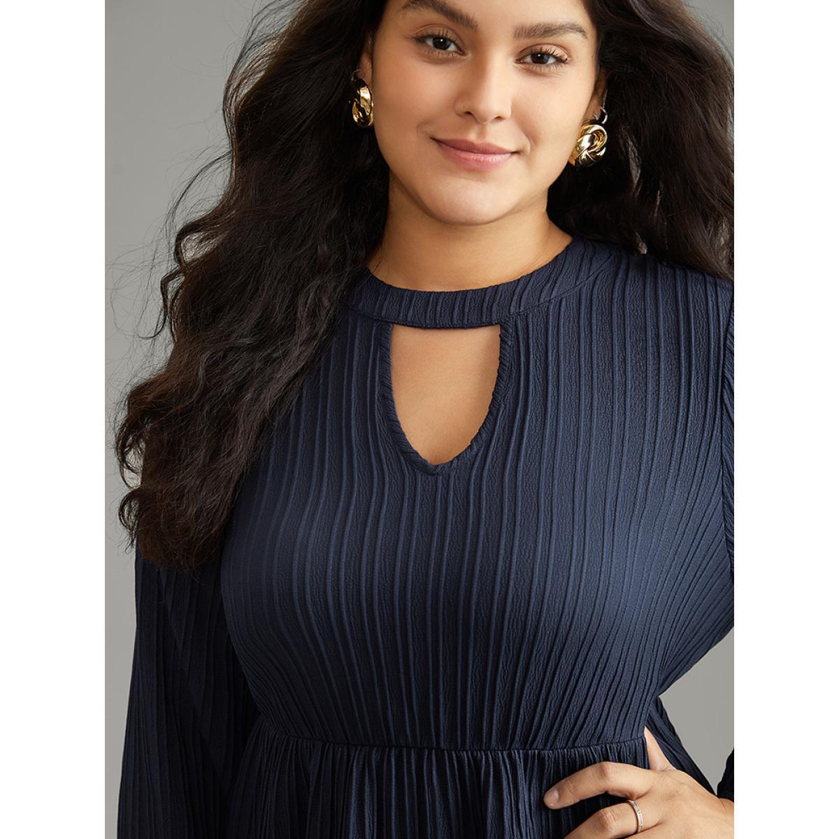 Plus Size Indigo Keyhole Textured Lantern Sleeve Layered Hem Blouse Women Casual Long Sleeve Keyhole Cut-Out Dailywear Blouses BloomChic 22-24/3X Product Image