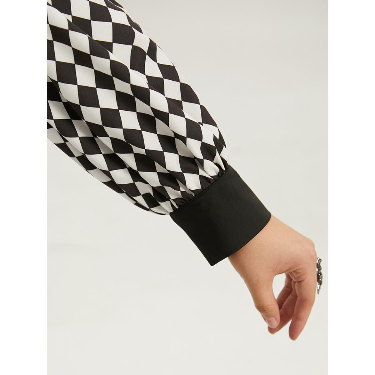 Plus Size Black Halloween Check Frill Trim Gathered Patchwork Blouse Women Elegant Long Sleeve Round Neck Dailywear Blouses BloomChic 12/L Product Image