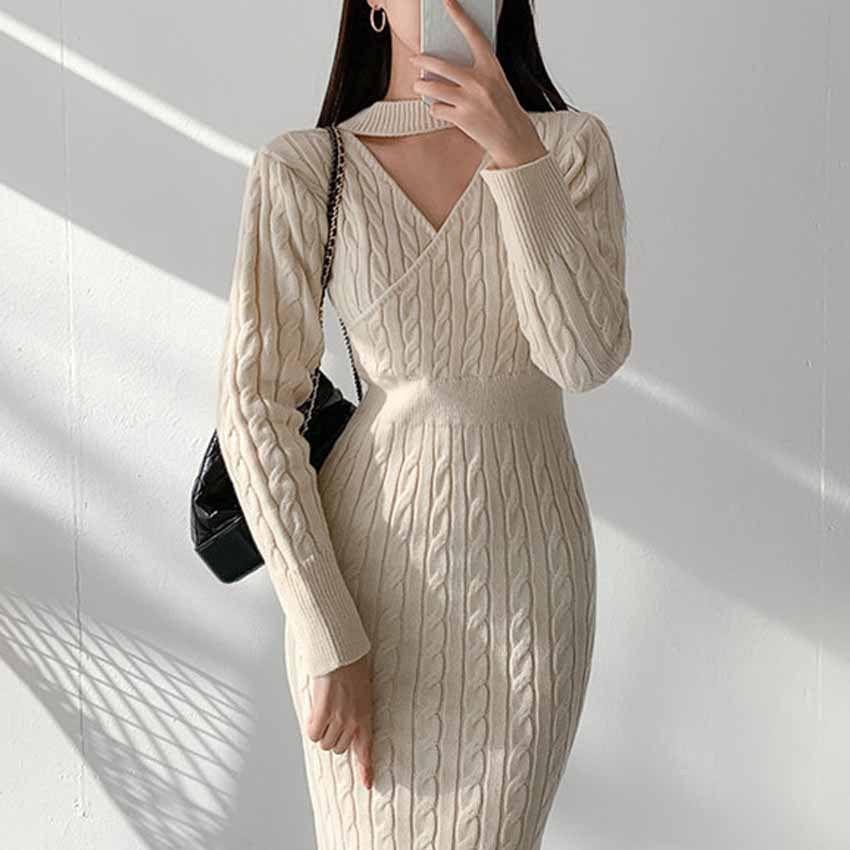 Long-Sleeve Choker-Neck Plain Midi Cable Knit Sweater Dress Product Image