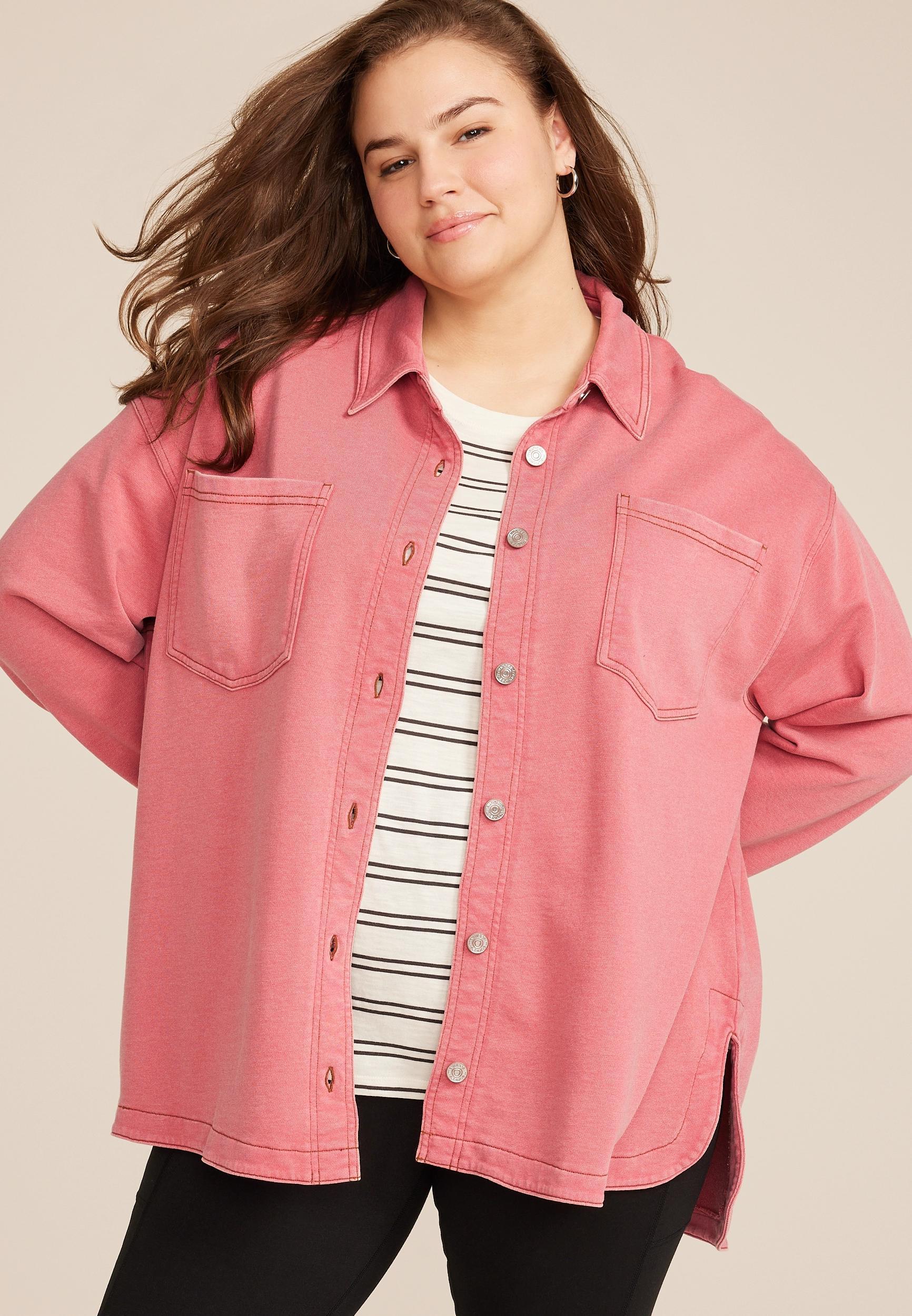 Maurices Plus Size Womens Washed Knit Pink Denim Shacket Size 4X Product Image