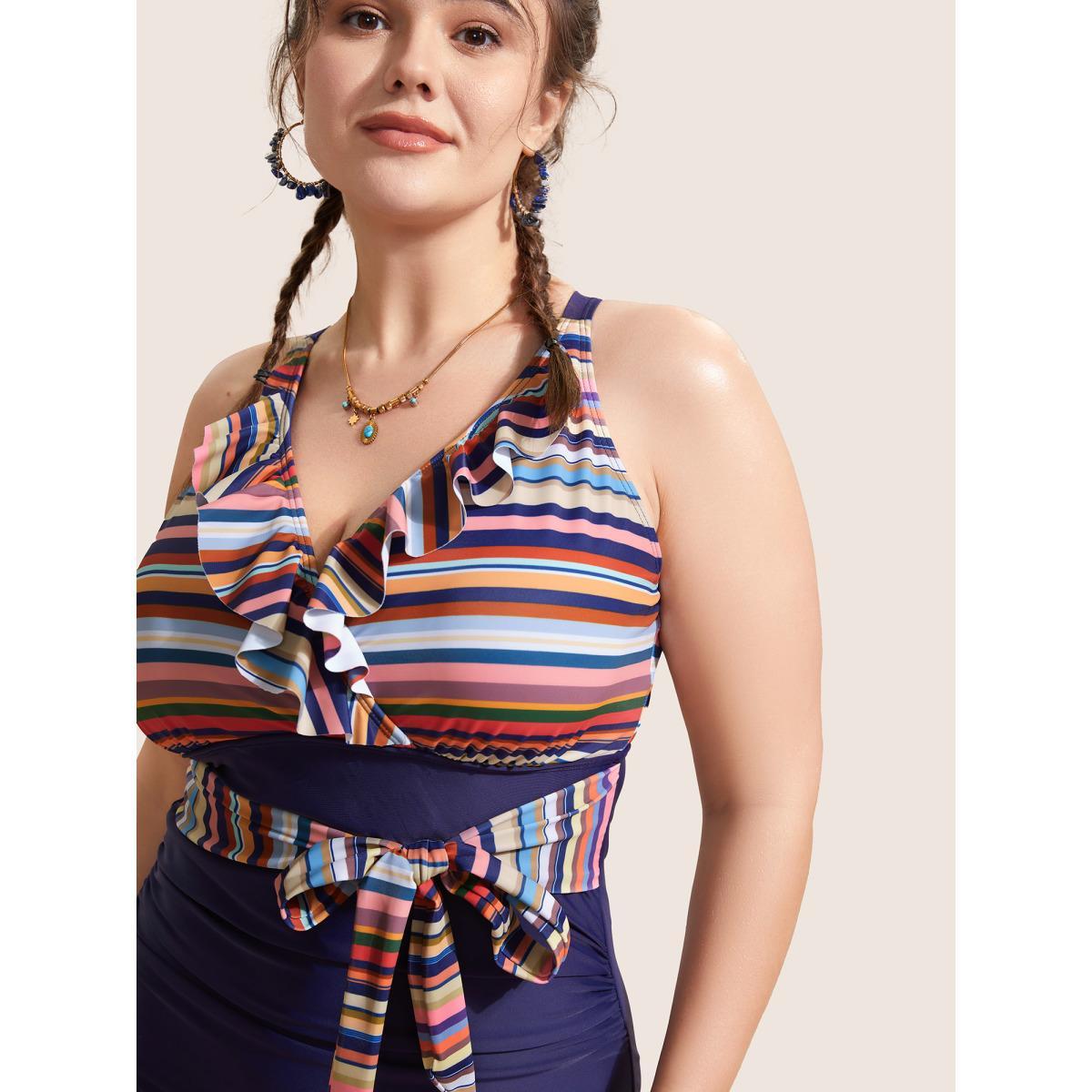 Plus Size Contrast Striped Ruffle Trim Ties One Piece Swimsuit Women's Swimwear Midnight Beach Belted Curve Bathing Suits High stretch One Pieces BloomChic 18-20/2X Product Image
