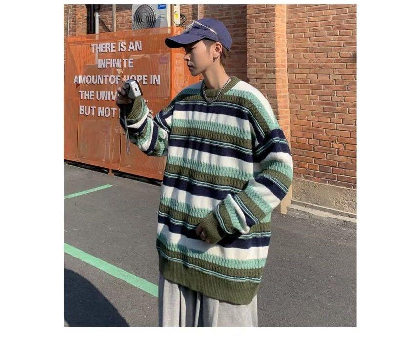 Long-Sleeve Color-Block Striped Knit Top Product Image