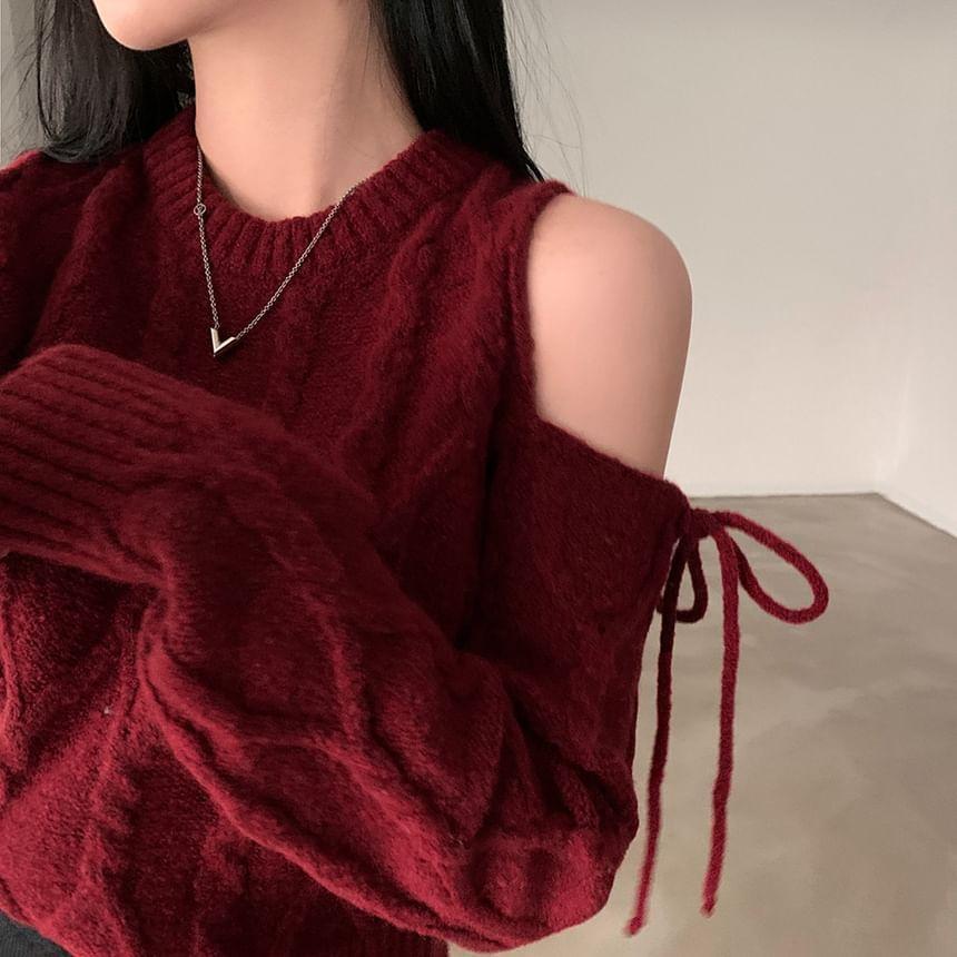 Cold-Shoulder Long-Sleeve Plain Bow Sweater Product Image