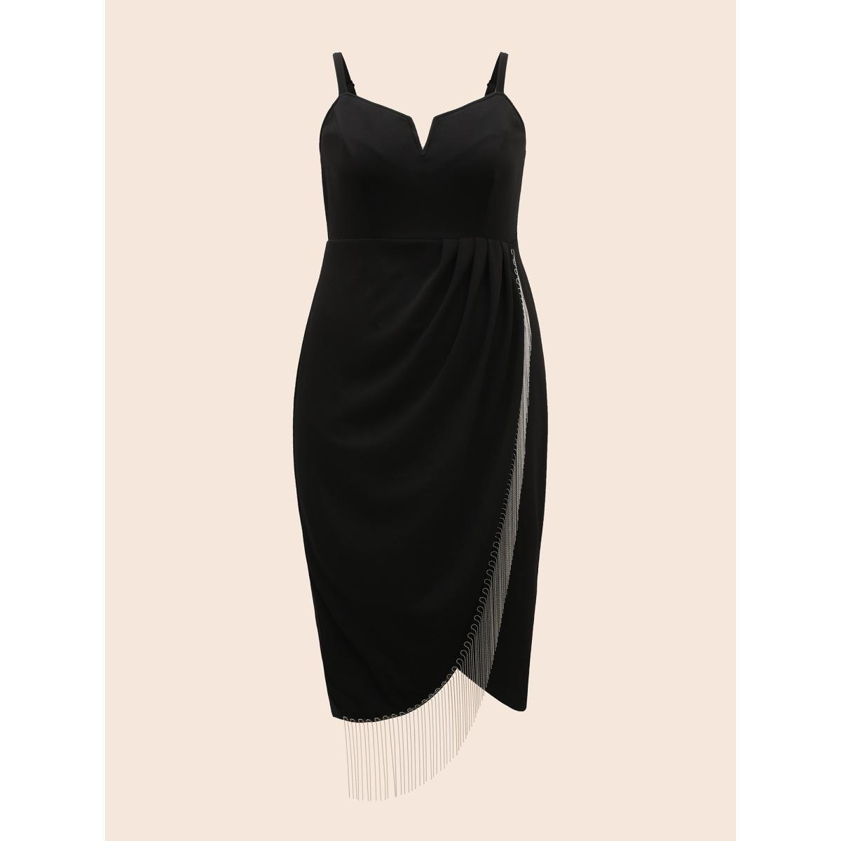 Plus Size Notched Collar Tassel Trim Cami Dress Black Women Cocktail Tassels Notched collar Sleeveless Curvy BloomChic 26/4X Product Image