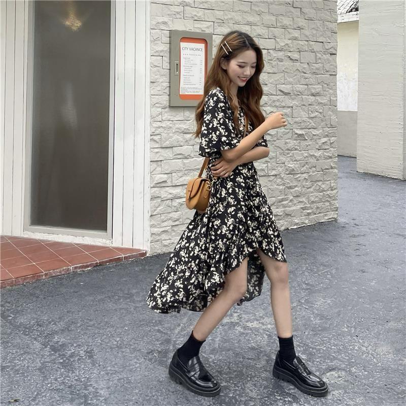 Short-Sleeve V-Neck Floral Print Ruffle High-Low A-Line Dress Product Image