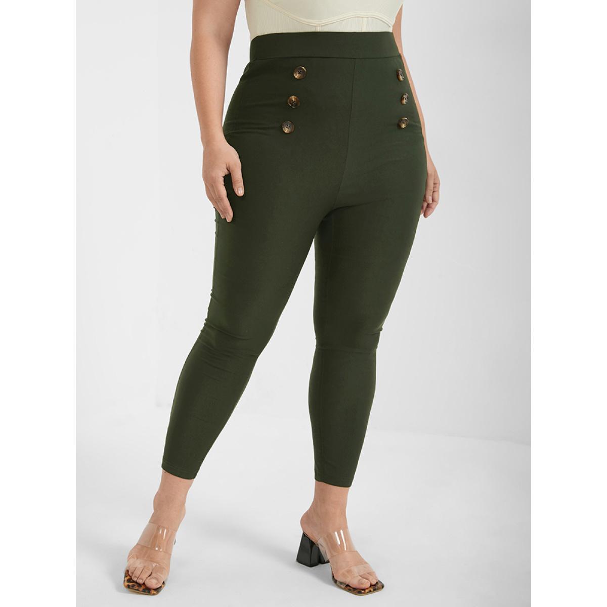 Plus Size Solid Button Skinny Pants Women ArmyGreen Office Skinny High Rise Work Pants BloomChic 14-16/1X Product Image
