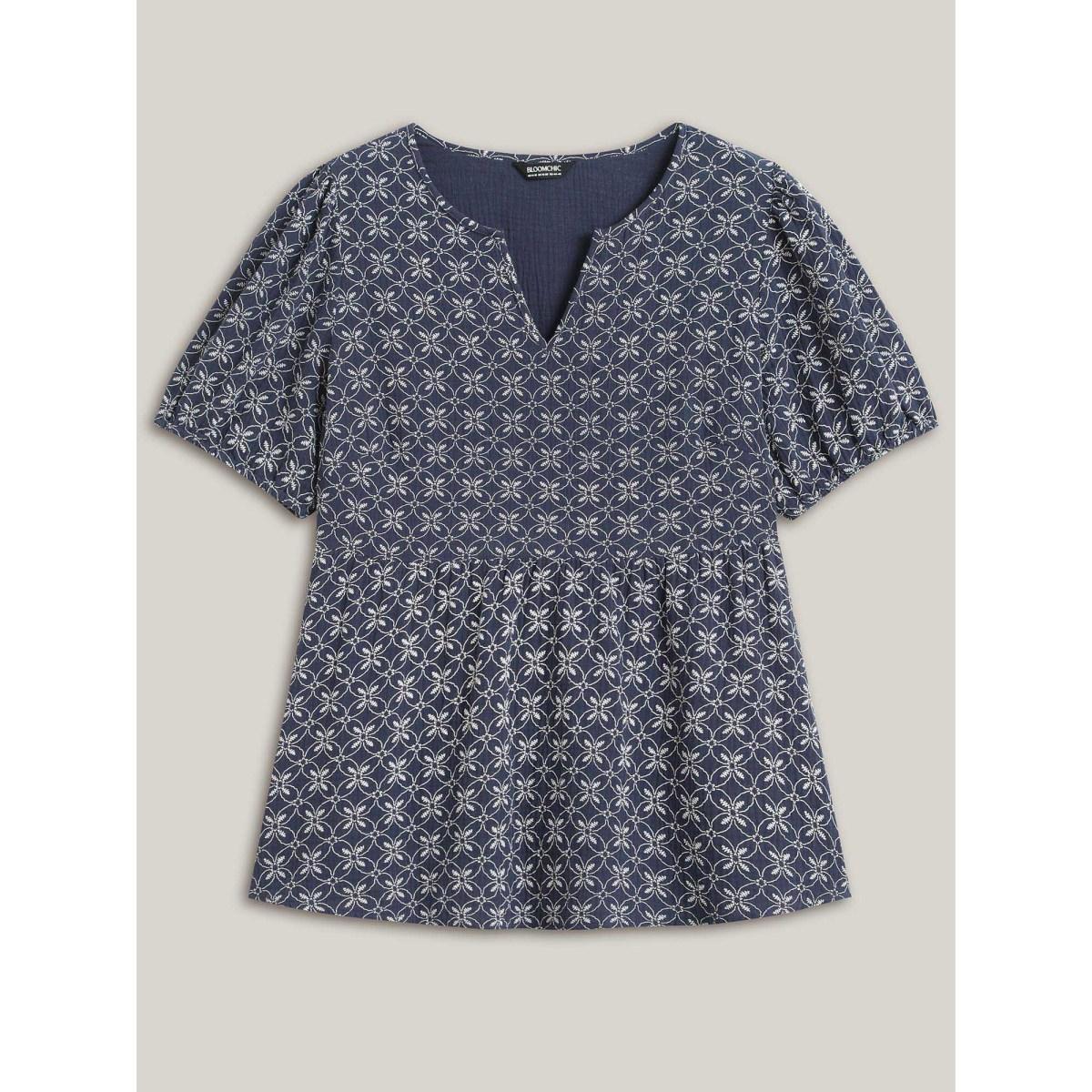 Plus Size Indigo Cotton Geometric Print Puff Sleeve Babydoll Top Women Short sleeve Notched collar Vacation Blouses BloomChic 22-24/3X Product Image
