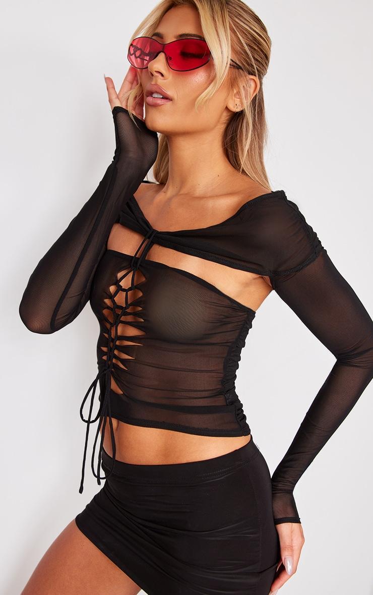 Black Mesh Lace Up Long Top Product Image
