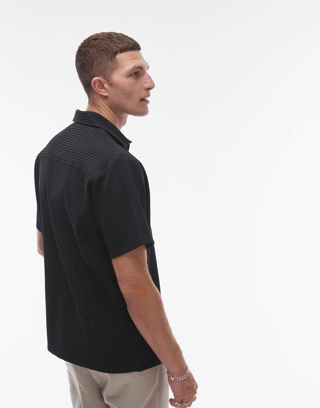 Topman short sleeve button through plisse shirt in black Product Image