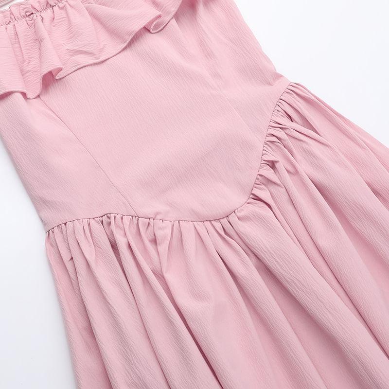 Cap-Sleeve Square Neck Plain Maxi A-Line Dress Product Image
