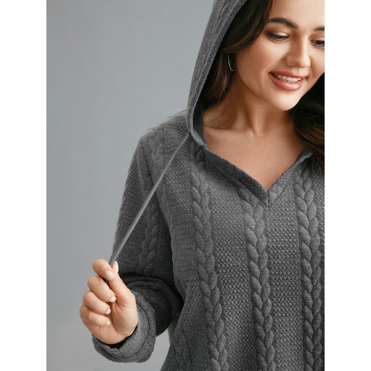 Plus Size Cable Knit V-Neck Ribbed Hem Hoodie Women DimGray Casual Texture Hooded Everyday Sweatshirts BloomChic 12/L Product Image