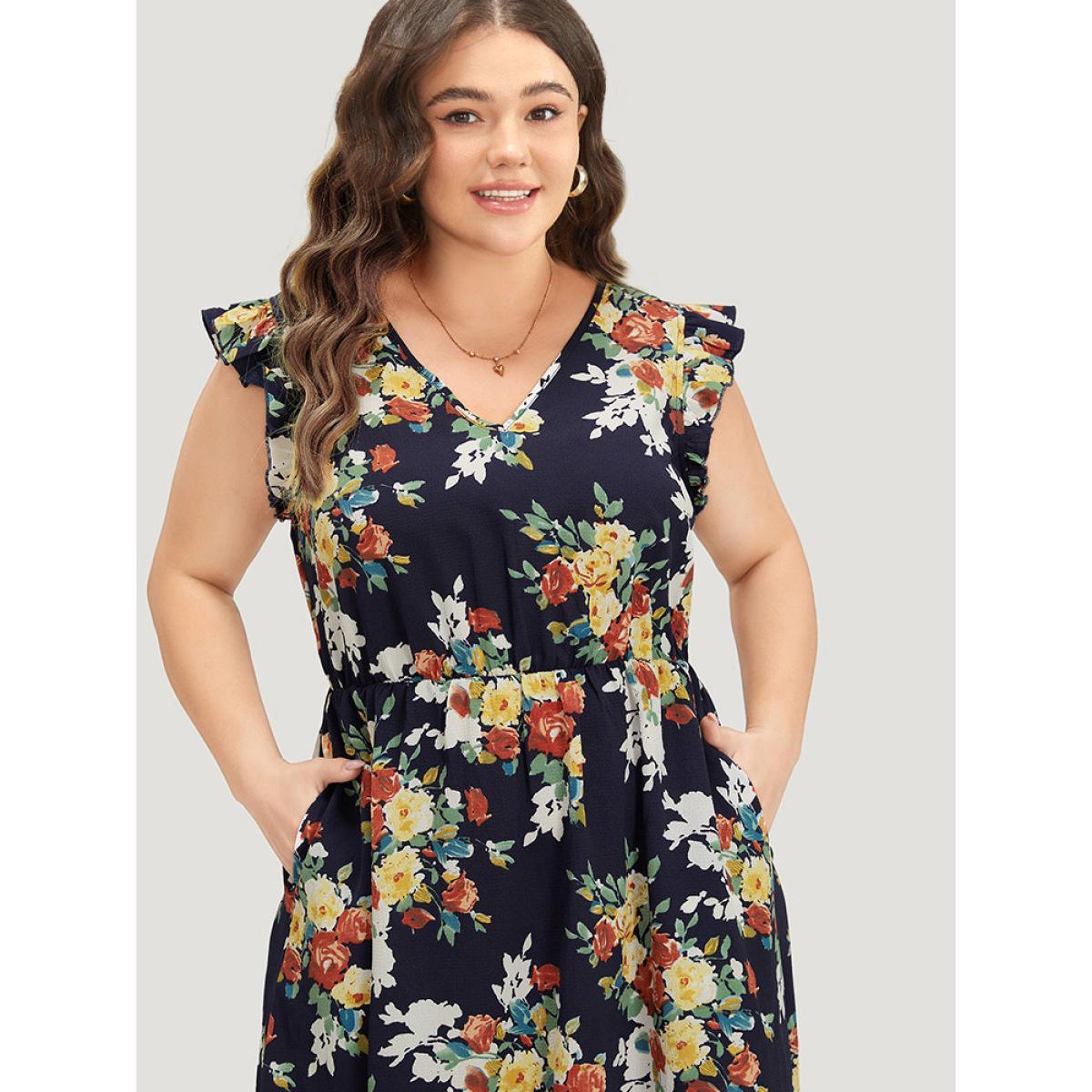 Plus Size Pixel Flower Print Ruffle Cap Sleeve Pocket Dress DarkBlue Women Elegant Elastic Waist V-neck Cap Sleeve Curvy Knee Dress BloomChic 26/4X Product Image