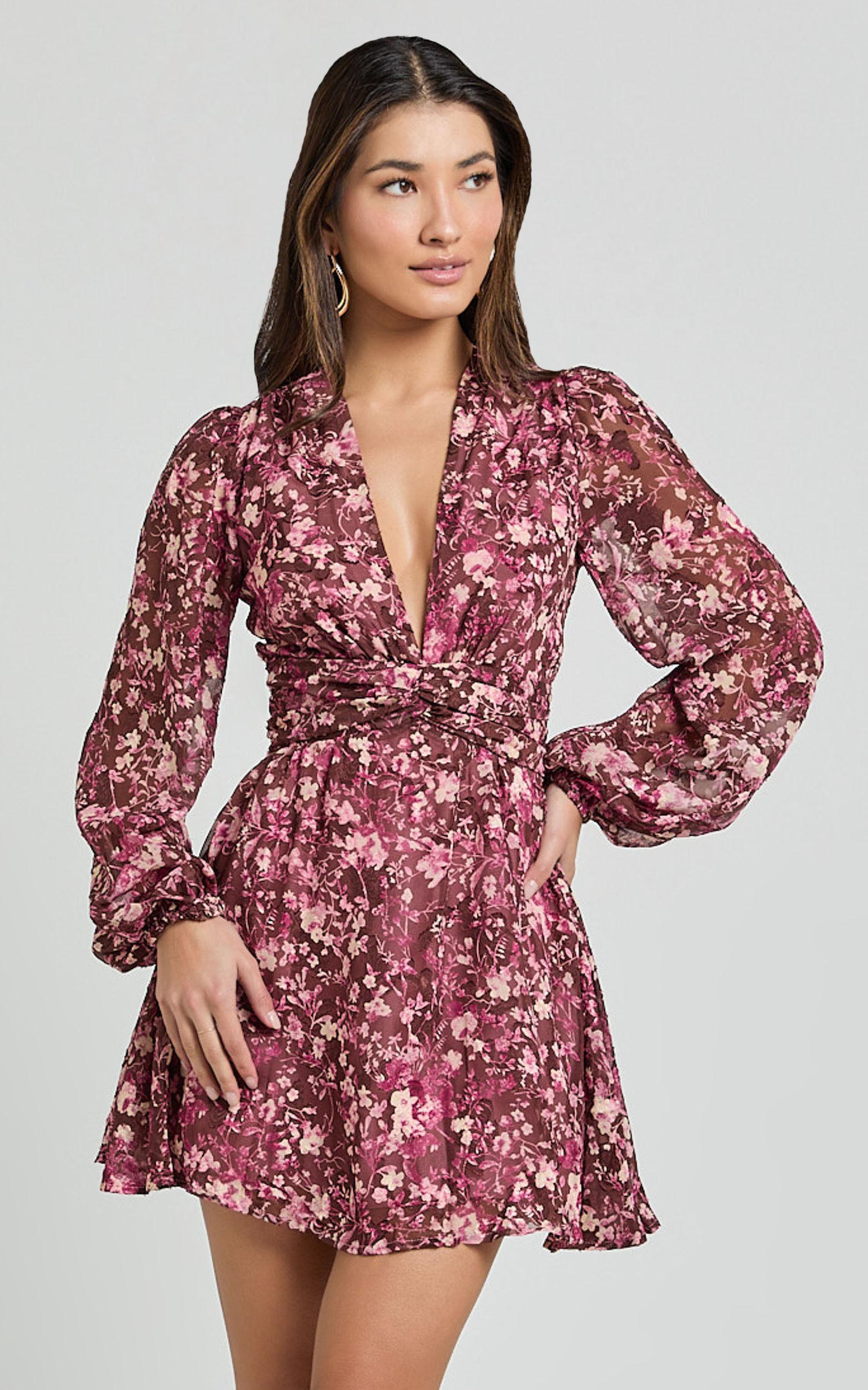 Eleanor Mini Dress - Plunge Twist Front Jacquard Dress in Wine Floral Product Image