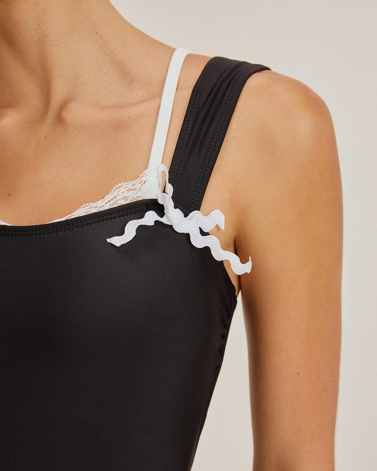 Black Contrast Lace One-Piece Swimsuit Product Image