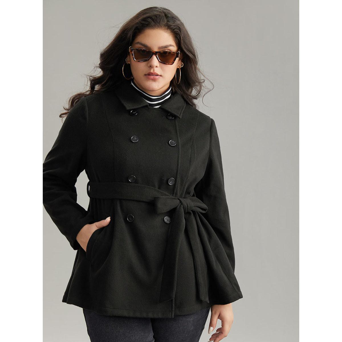 Plus Size Plain Belted Double Breasted Pocket Coat Women Black Casual Plain Ladies Dailywear Winter Coats BloomChic 18-20/2X Product Image