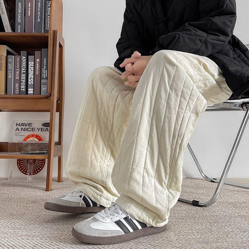 Drawstring Waist Plain Quilted Straight Leg Pants Product Image