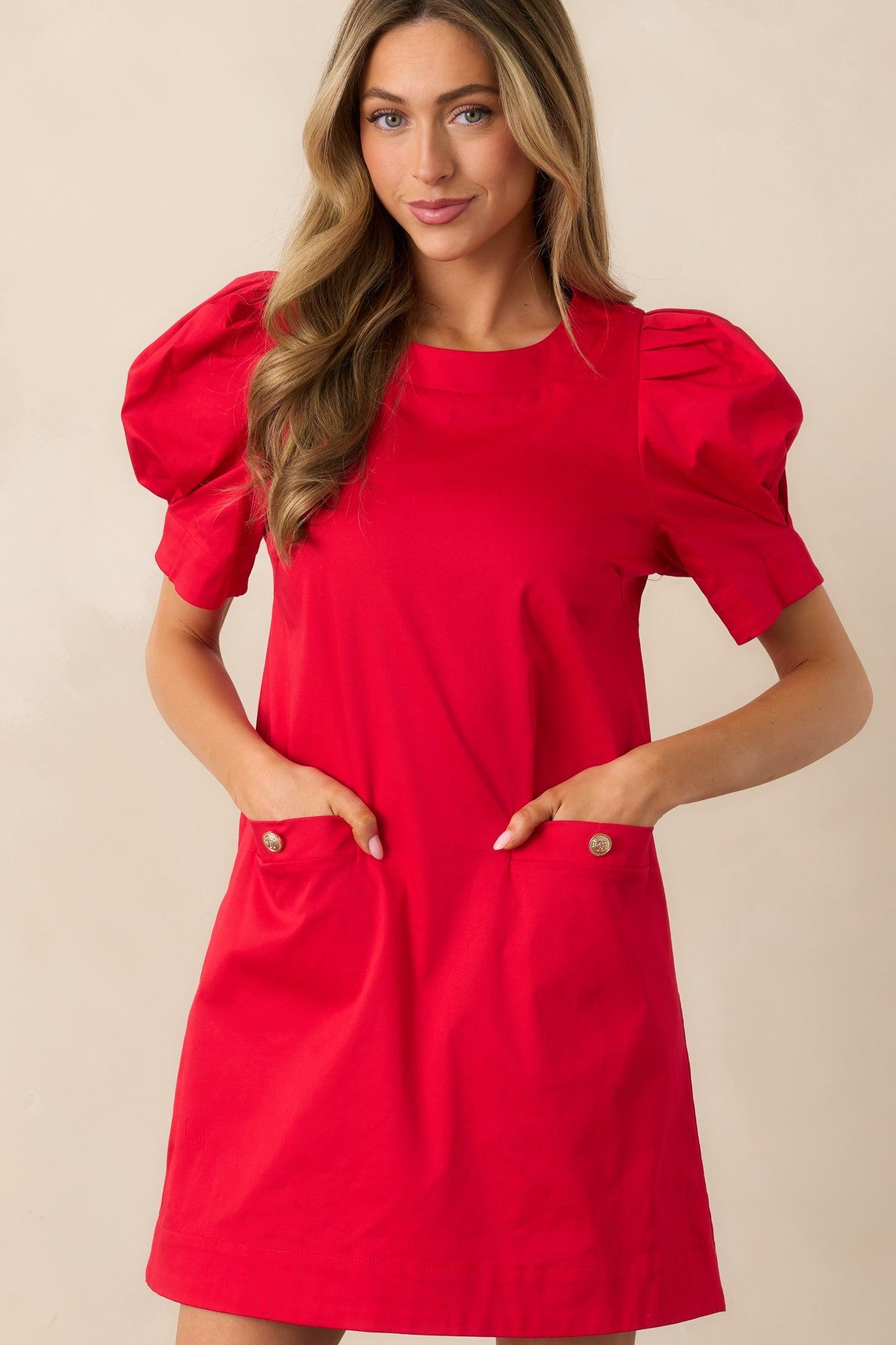 Wine Cellar Tour Cotton Red Puff Sleeve Mini Dress Product Image
